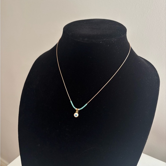 Gold Chain Necklace with Turquoise Beads and Pearl Pendant - Picture 3 of 7